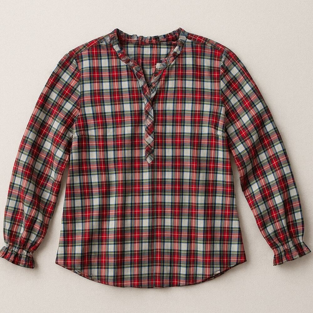 Talbots Women’s Tartan Plaid Ruffle Collar 3/4 button Blouse 100% Cotton holiday